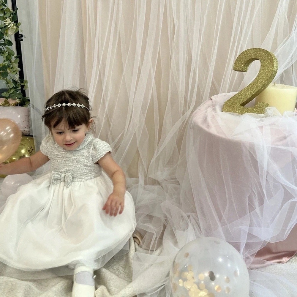 Little Me Baby Girl Gray Knit Top Bow & Ivory Glitter Tulle Dress – Size 24M
